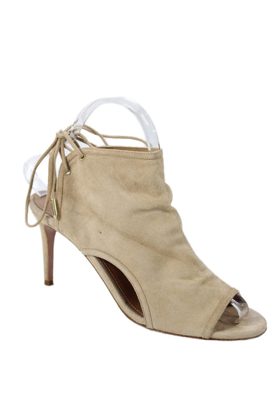 Aquazzura Womens Suede Lace Up Slingbacks Sandal Heels Beige Size 37 7