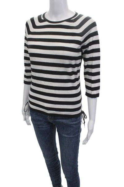 Sutton Studio Women Black Striped Basic T-Shirt 3/4 Sleeve Crew Neck Size M