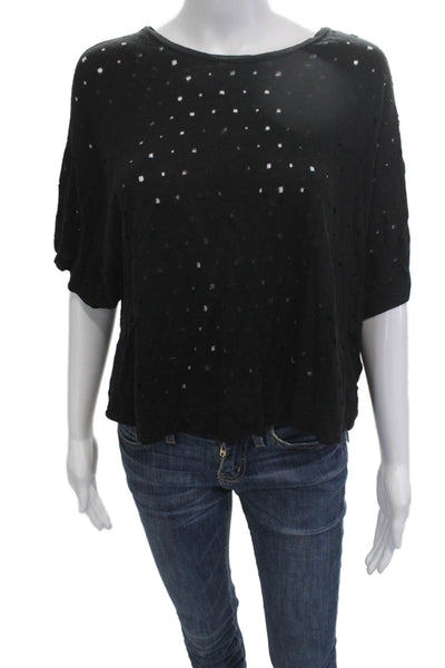 Burning Torch Women Cropped Linen Tee Black Short Sleeve Boho Size S