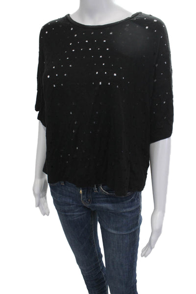 Burning Torch Women Cropped Linen Tee Black Short Sleeve Boho Size S