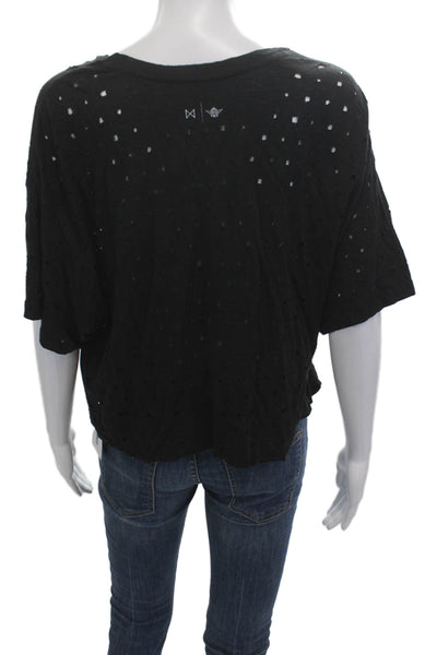Burning Torch Women Cropped Linen Tee Black Short Sleeve Boho Size S