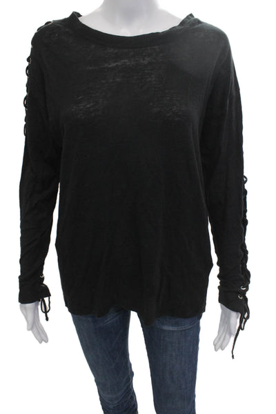 IRO Women Black Linen Round Neck Lace Up Long Sleeve Sweater Gothic Size M