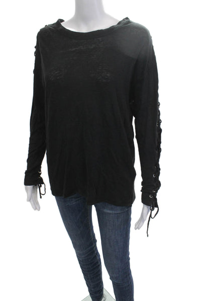 IRO Women Black Linen Round Neck Lace Up Long Sleeve Sweater Gothic Size M