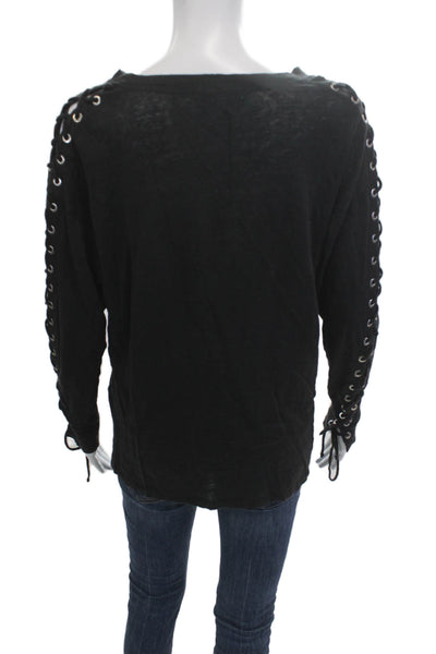 IRO Women Black Linen Round Neck Lace Up Long Sleeve Sweater Gothic Size M