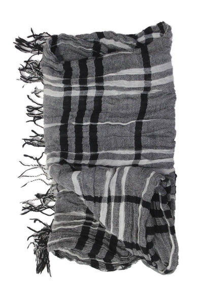 Vince Womens Plaid Fringe Trim Light Weight Scarf Black White Cotton