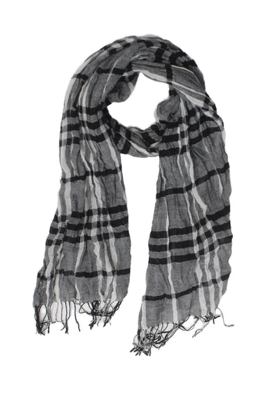 Vince Womens Plaid Fringe Trim Light Weight Scarf Black White Cotton