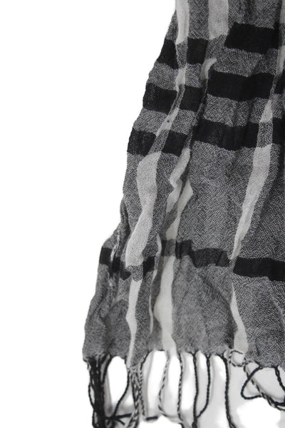 Vince Womens Plaid Fringe Trim Light Weight Scarf Black White Cotton