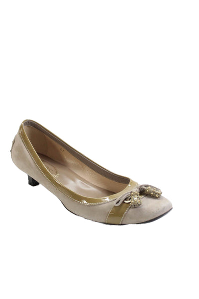 Tods Women's Embellish Bow Suede Kitten Heel Shoes Beige Size 41.5