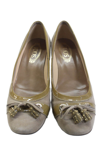 Tods Women's Embellish Bow Suede Kitten Heel Shoes Beige Size 41.5