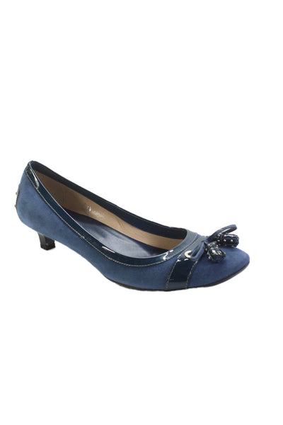 Tods Women's Round Toe Bow Embellish Suede Kitten Heel Shoes Blue Size 41.5