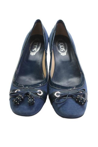 Tods Women's Round Toe Bow Embellish Suede Kitten Heel Shoes Blue Size 41.5