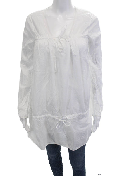 Velvet Womens Boho Tunic Blouse White Long Sleeve Cotton Drawstring Size M