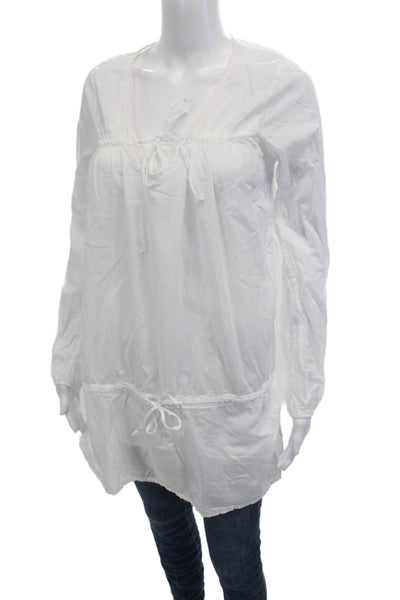 Velvet Womens Boho Tunic Blouse White Long Sleeve Cotton Drawstring Size M