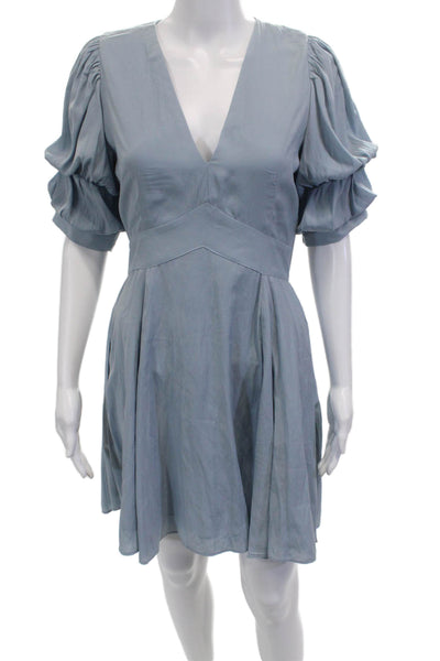1 State Womens Fit & Flare Mini Dress Light Blue V Neck Short Sleeve Size S