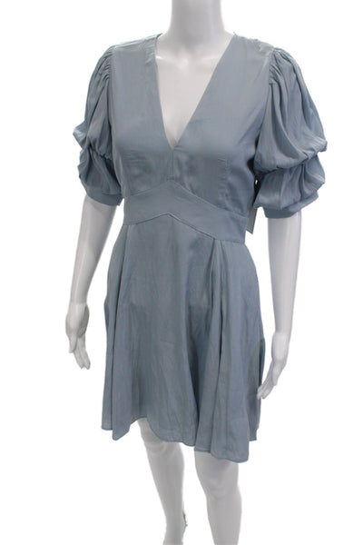 1 State Womens Fit & Flare Mini Dress Light Blue V Neck Short Sleeve Size S