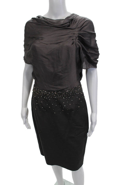 Lela Rose Women Black Silk High Neck Short Sleeve Knee Length Dress Size 6