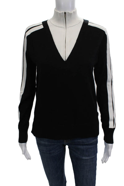 Magaschoni Womens Black Striped V-Neck Full Zip Pullover Long Sleeve Size S