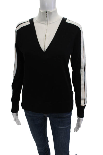 Magaschoni Womens Black Striped V-Neck Full Zip Pullover Long Sleeve Size S