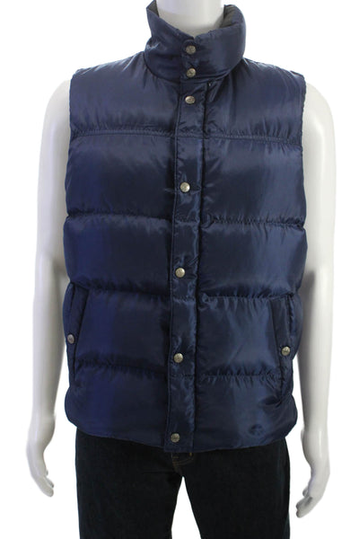 J Crew Mens Quilted Puffer Vest Dark Blue Snap High Neck Polyester Size S