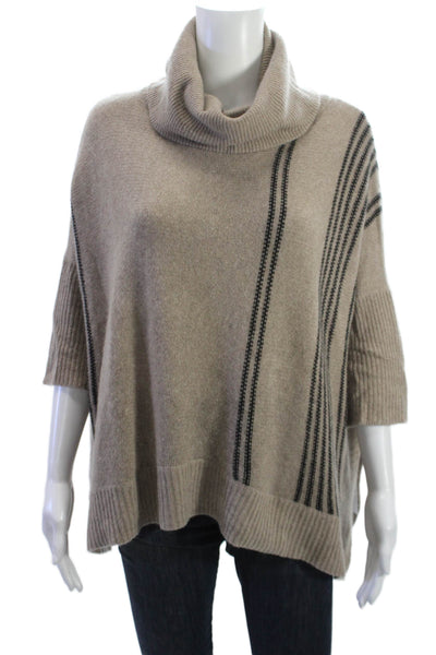 360 Cashmere Womens Turtleneck Striped Pullover 3/4 Sleeve Beige Size S