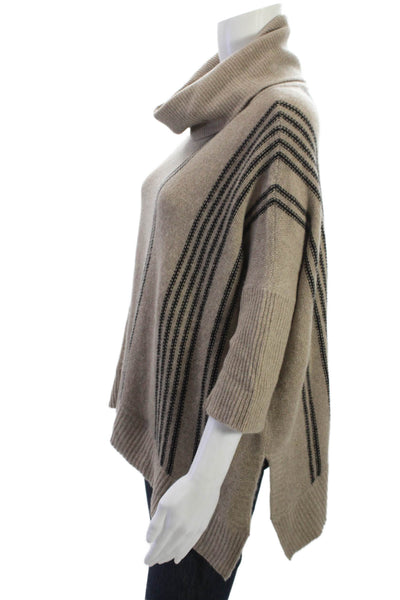 360 Cashmere Womens Turtleneck Striped Pullover 3/4 Sleeve Beige Size S