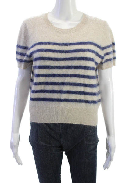 J Crew Womens Cashmere Crew Neck Striped Pullover Beige Short Sleeve Size M
