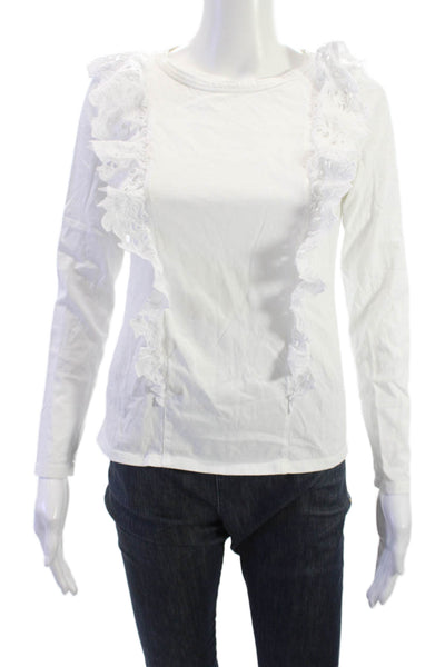 La Vie Womens Bohemian White Cotton Crew Neck Long Sleeve T-Shirt Size S