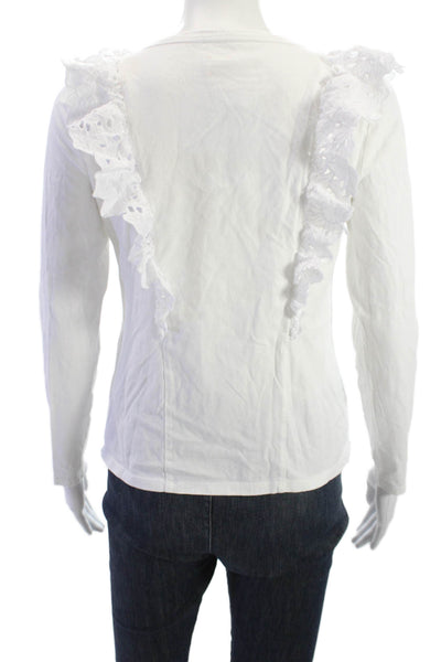 La Vie Womens Bohemian White Cotton Crew Neck Long Sleeve T-Shirt Size S