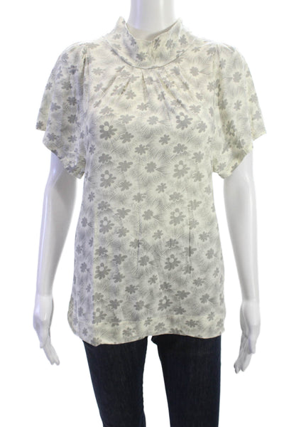 Marc By Marc Jacobs Women White Floral Mockneck Short Sleeve Blouse Size M