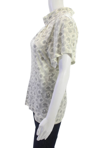 Marc By Marc Jacobs Women White Floral Mockneck Short Sleeve Blouse Size M