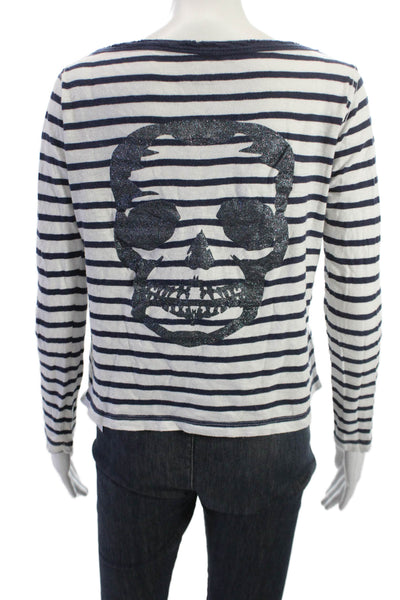 Zadig & Voltaire Womens Dark Blue Striped Skull Longsleeve Tee Size XS