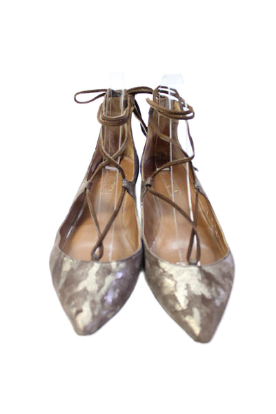 Aquazzura Womens Camouflage Print Lace Up Ballet Flats Brown Gold Size 36 6
