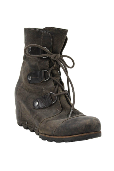 Sorel Womens Leather Cap Toe Lace Up Wedge Heels Boots Shoes Brown Size 10