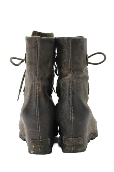 Sorel Womens Leather Cap Toe Lace Up Wedge Heels Boots Shoes Brown Size 10