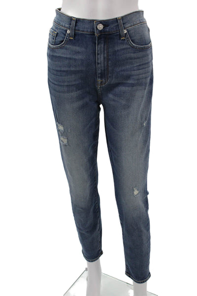 7 For All Mankind Women Ankle Cropped Tapered Jeans Dark Blue High Rise Size 29