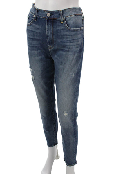 7 For All Mankind Women Ankle Cropped Tapered Jeans Dark Blue High Rise Size 29