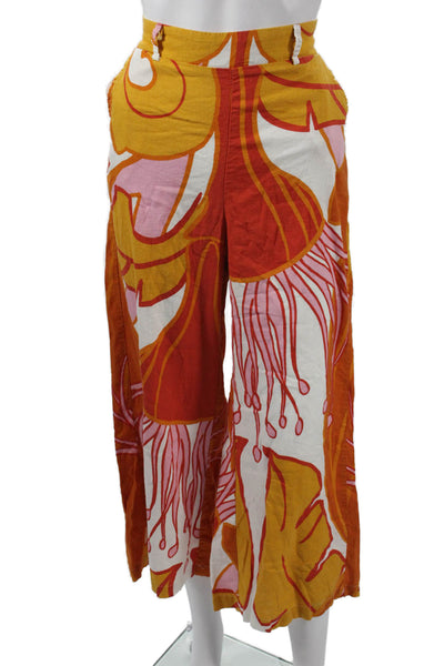 Rachel Zoe Women Cropped Pants Orange Graphic Print Linen Blend Button Size M
