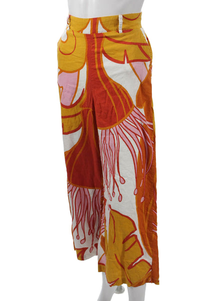 Rachel Zoe Women Cropped Pants Orange Graphic Print Linen Blend Button Size M