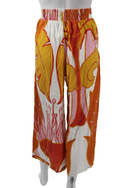 Rachel Zoe Women Cropped Pants Orange Graphic Print Linen Blend Button Size M