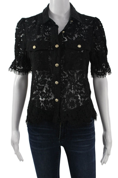 Jason Wu Women Black Floral Collared Short Sleeve Button Up Blouse Size XS