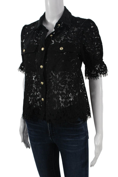 Jason Wu Women Black Floral Collared Short Sleeve Button Up Blouse Size XS