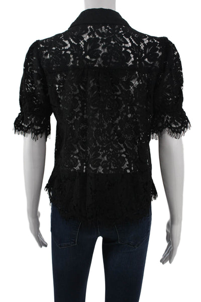 Jason Wu Women Black Floral Collared Short Sleeve Button Up Blouse Size XS