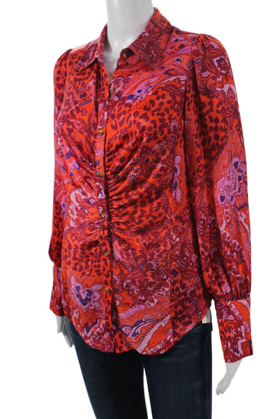 Free People Womens Boho Red Animal Paisley Buttonup Blouse Size XS
