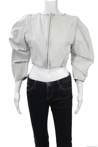 Zara Womens Cropped Denim Zip Crew Neck 3/4 Sleeve Light Blue Top Size S