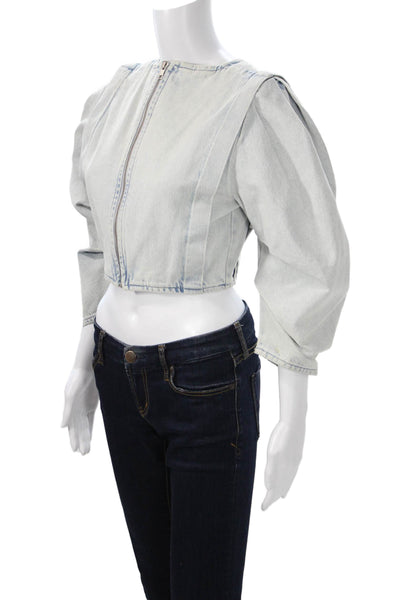 Zara Womens Cropped Denim Zip Crew Neck 3/4 Sleeve Light Blue Top Size S