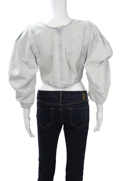 Zara Womens Cropped Denim Zip Crew Neck 3/4 Sleeve Light Blue Top Size S