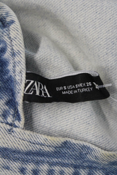 Zara Womens Cropped Denim Zip Crew Neck 3/4 Sleeve Light Blue Top Size S