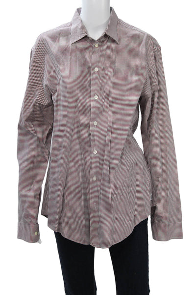 Armani Collezioni Mens Point Collar Button Up Shirt Brown Check Size L