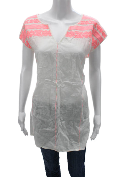 J Crew Women Aztec V Neck Tunic Blouse White Cotton Linen Sleeveless Size M