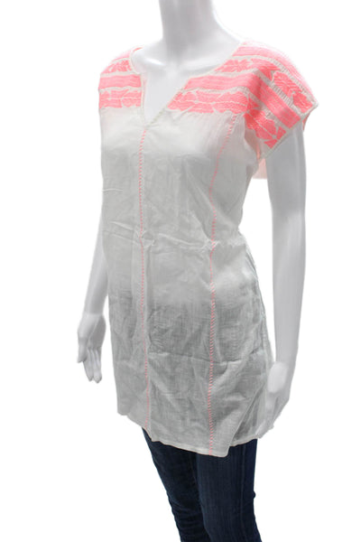 J Crew Women Aztec V Neck Tunic Blouse White Cotton Linen Sleeveless Size M